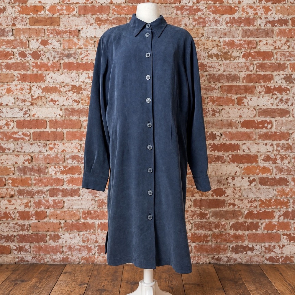 90s VTG Eddie Bauer Navy Blue Silk Button Down Shirt Dress Jacket Lagenlook 16